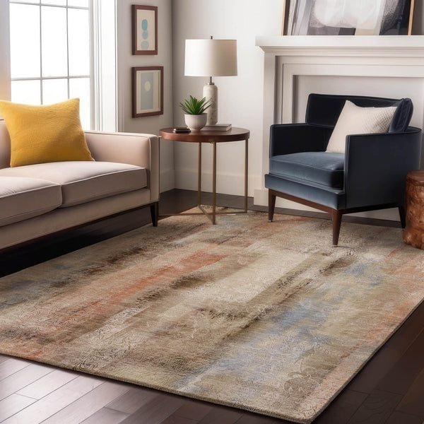 HomeRoots 5' X 8' Abstract Washable Area Rug in Beige, Blue & Ivory - Durable, UV Protected for Family Homes 648108
