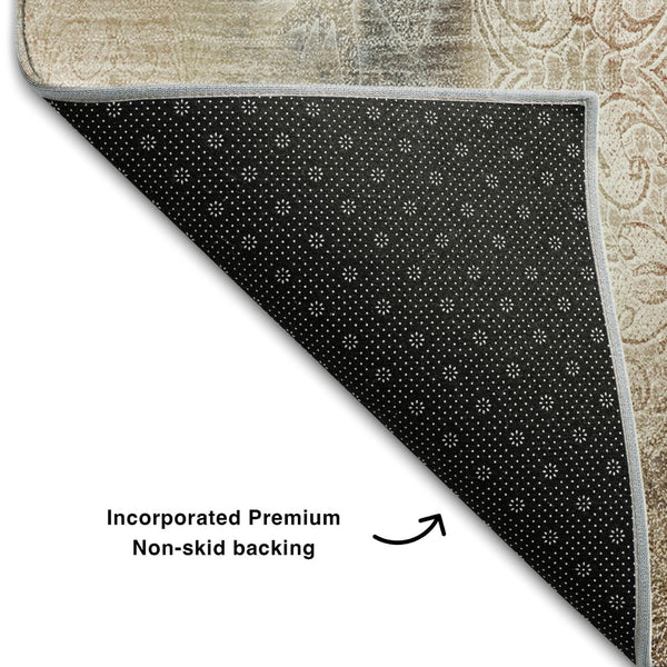 HomeRoots 5' X 8' Abstract Washable Area Rug in Beige, Blue & Ivory - Durable, UV Protected for Family Homes 648108
