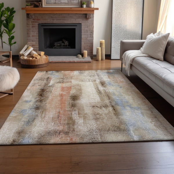HomeRoots 5' X 8' Abstract Washable Area Rug in Beige, Blue & Ivory - Durable, UV Protected for Family Homes 648108