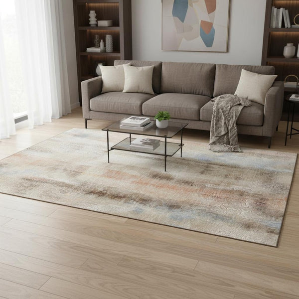 HomeRoots 5' X 8' Abstract Washable Area Rug in Beige, Blue & Ivory - Durable, UV Protected for Family Homes 648108