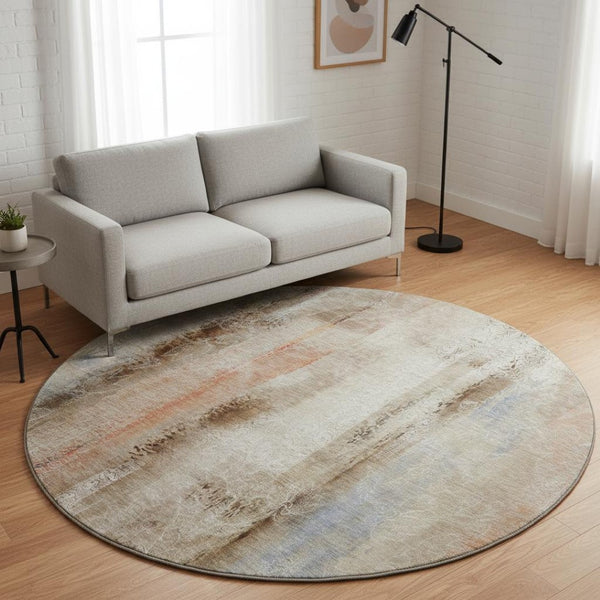 HomeRoots 8' Washable Round Area Rug with UV Protection - Soft Beige, Blue & Ivory Abstract Design for Any Room 648109