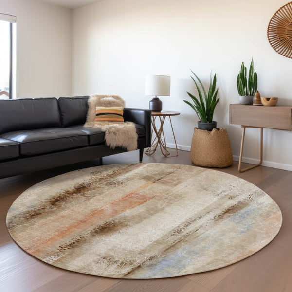 HomeRoots 8' Washable Round Area Rug with UV Protection - Soft Beige, Blue & Ivory Abstract Design for Any Room 648109