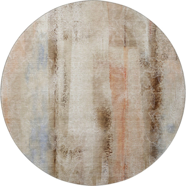 HomeRoots 8' Washable Round Area Rug with UV Protection - Soft Beige, Blue & Ivory Abstract Design for Any Room 648109