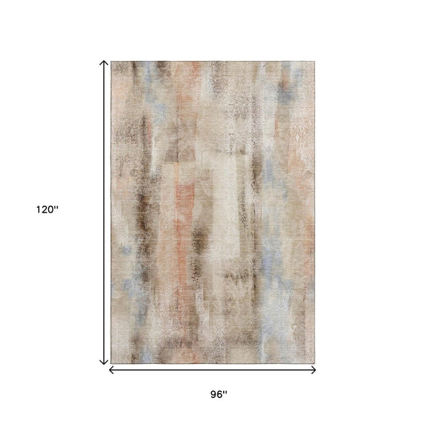 HomeRoots 8' X 10' Abstract Area Rug in Beige, Blue & Ivory – Washable, UV-Protected, Durable for Family Homes 648110