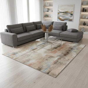 HomeRoots 8' X 10' Abstract Area Rug in Beige, Blue & Ivory – Washable, UV-Protected, Durable for Family Homes 648110
