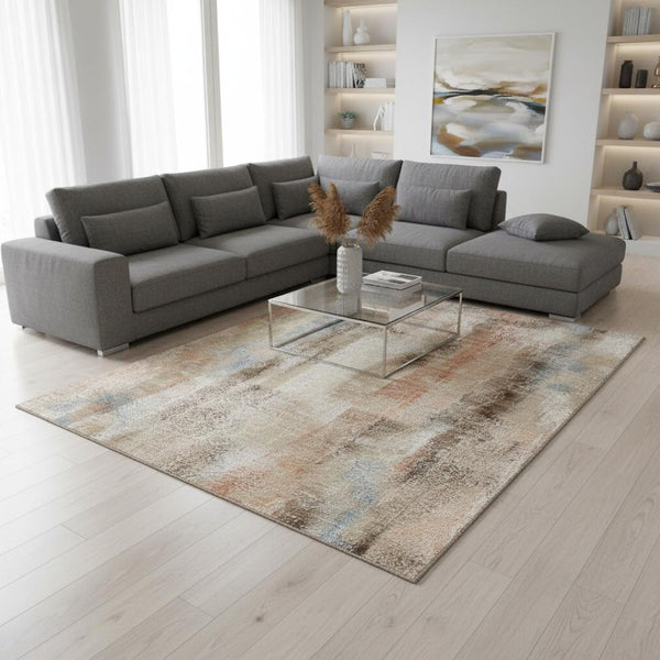 HomeRoots 8' X 10' Abstract Area Rug in Beige, Blue & Ivory – Washable, UV-Protected, Durable for Family Homes 648110
