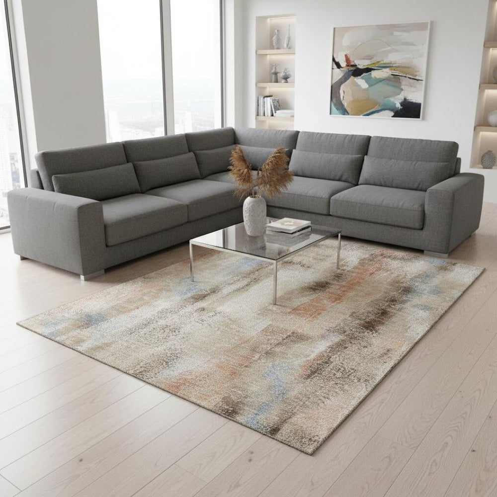 HomeRoots 9' X 12' Beige Blue Ivory Abstract Area Rug - Washable, UV-Protected, Stylish for High-Traffic Spaces 648111