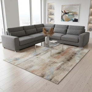 HomeRoots 9' X 12' Beige Blue Ivory Abstract Area Rug - Washable, UV-Protected, Stylish for High-Traffic Spaces 648111