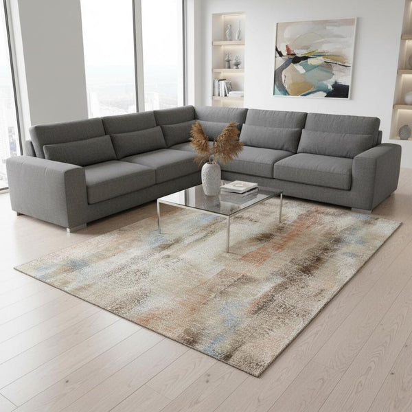 HomeRoots 9' X 12' Beige Blue Ivory Abstract Area Rug - Washable, UV-Protected, Stylish for High-Traffic Spaces 648111