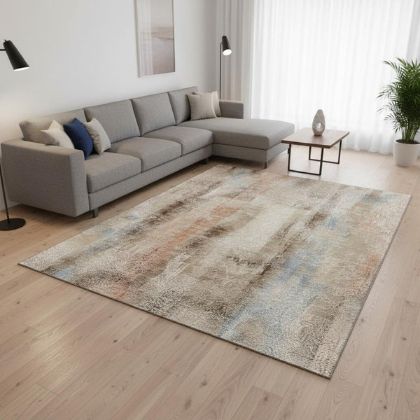 HomeRoots 10' X 14' Washable Area Rug in Beige, Blue & Ivory - Soft, Durable, UV-Protected for Family Spaces 648112