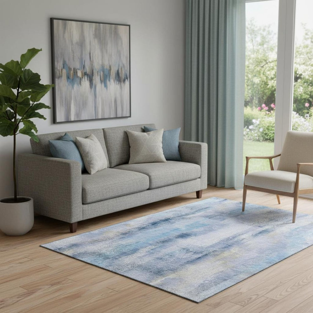 HomeRoots 5' X 8' Stylish Blue and Ivory Abstract Area Rug – Washable, UV Protected, Stain Resistant Comfort! 648114
