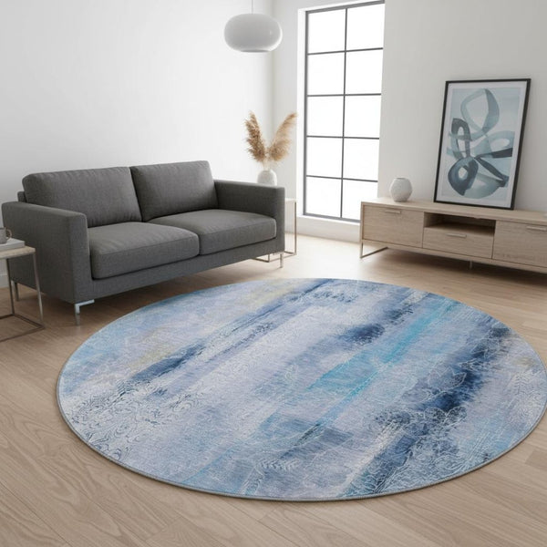 HomeRoots 8' Gorgeous Blue and Ivory Abstract Washable Round Rug - UV Protected, Durable & Easy Care! 648115