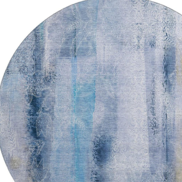 HomeRoots 8' Gorgeous Blue and Ivory Abstract Washable Round Rug - UV Protected, Durable & Easy Care! 648115