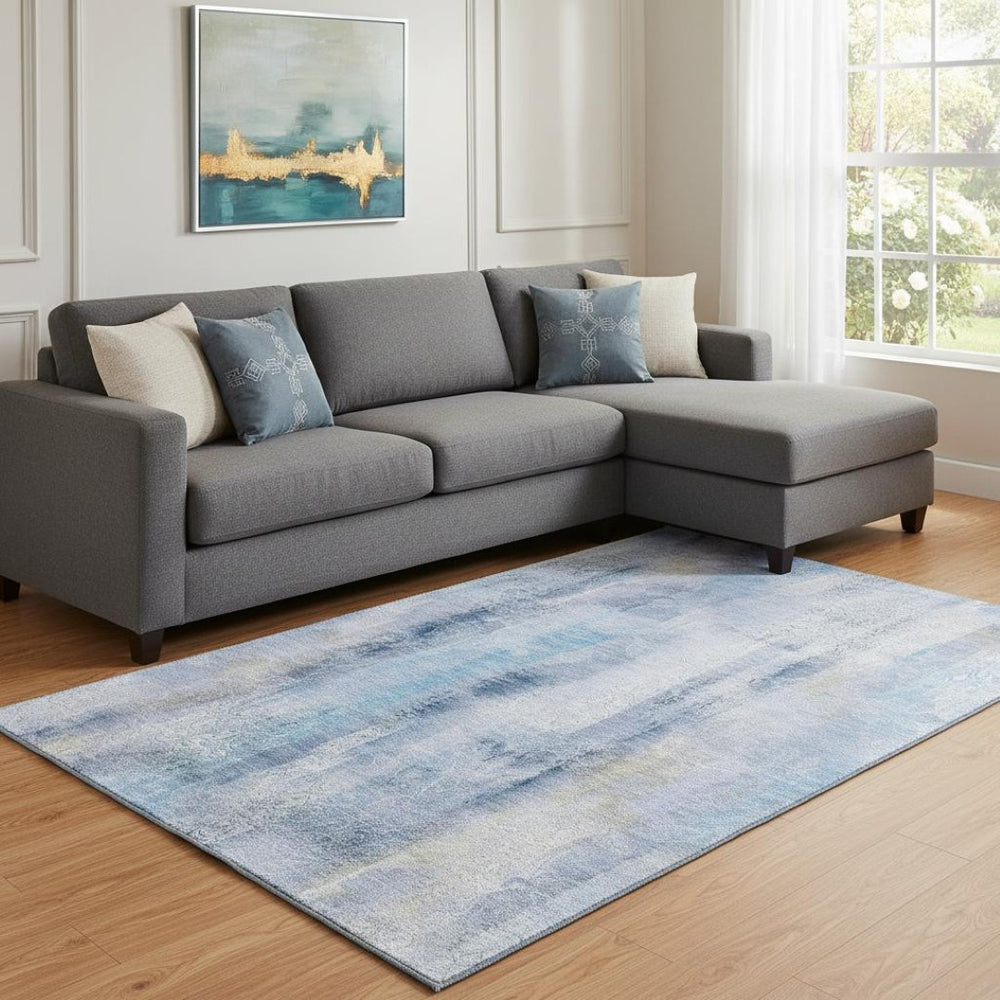 HomeRoots 8' X 10' Stylish Blue and Ivory Abstract Area Rug - Washable, UV-Protected & Stain-Resistant Design 648116