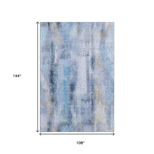 HomeRoots 9' X 12' Blue And Ivory Abstract Washable Area Rug – Stylish, Durable, UV-Protected for High Traffic Spaces 648117