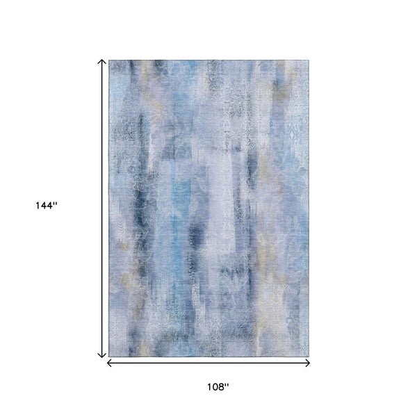 HomeRoots 9' X 12' Blue And Ivory Abstract Washable Area Rug – Stylish, Durable, UV-Protected for High Traffic Spaces 648117