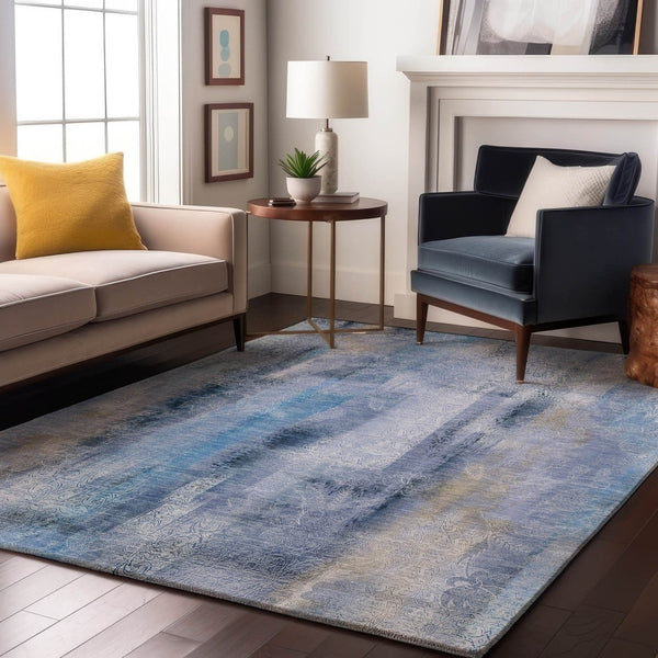 HomeRoots 9' X 12' Blue And Ivory Abstract Washable Area Rug – Stylish, Durable, UV-Protected for High Traffic Spaces 648117