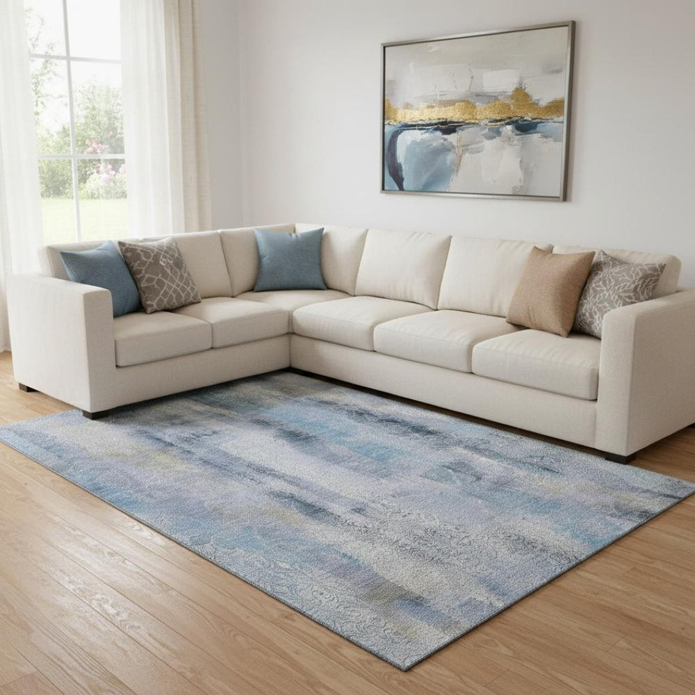 HomeRoots 10' X 14' Blue And Ivory Abstract Area Rug - Durable, Washable, UV-Protected for High-Traffic Spaces! 648118