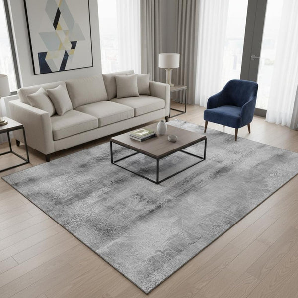 HomeRoots 5' X 8' Gray and Ivory Abstract Area Rug - Washable, UV-Protected, Stain-Resistant for Modern Spaces 648120