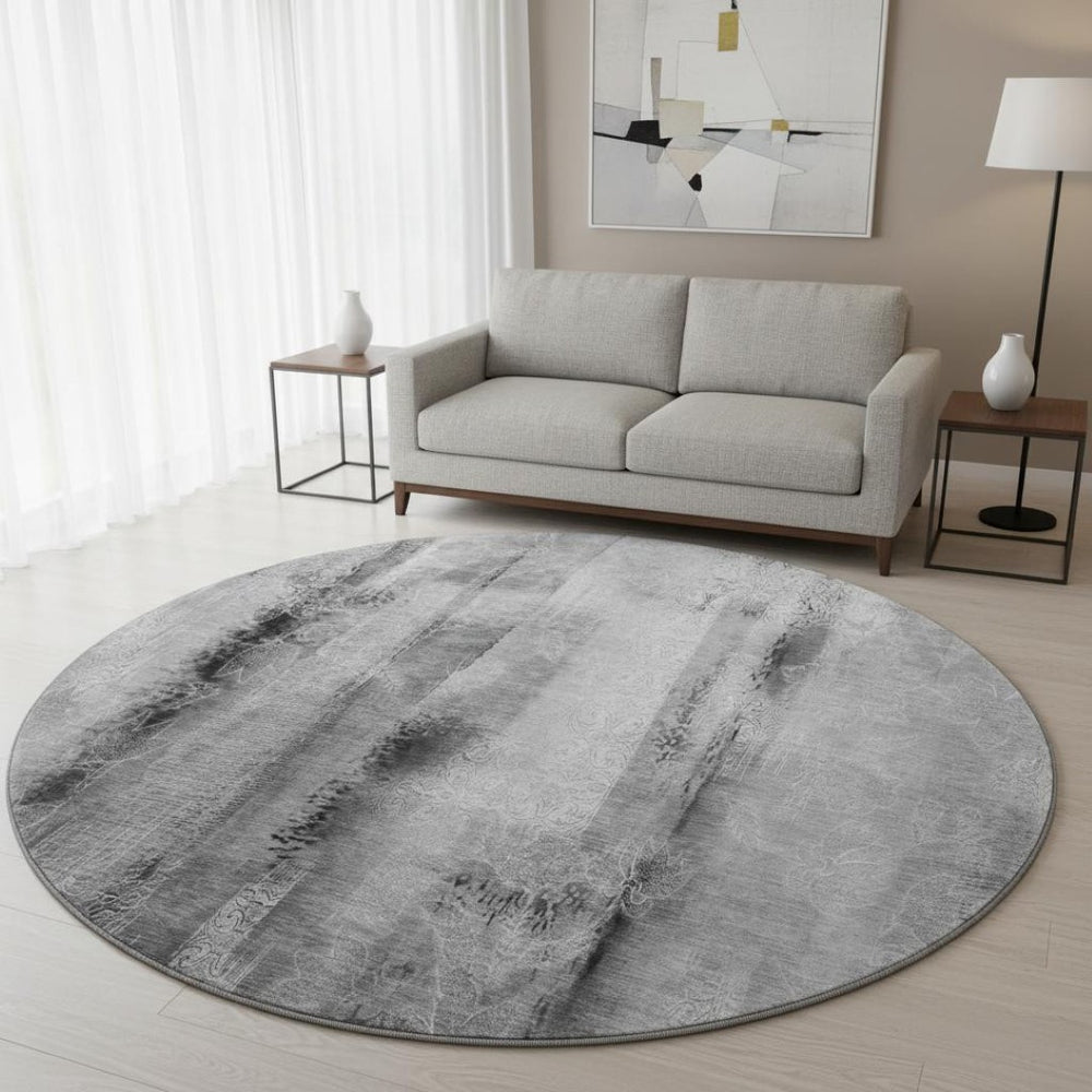 HomeRoots 8' Gray and Ivory Abstract Washable Round Rug – Durable, UV Protected, Stain Resistant for Modern Homes 648121