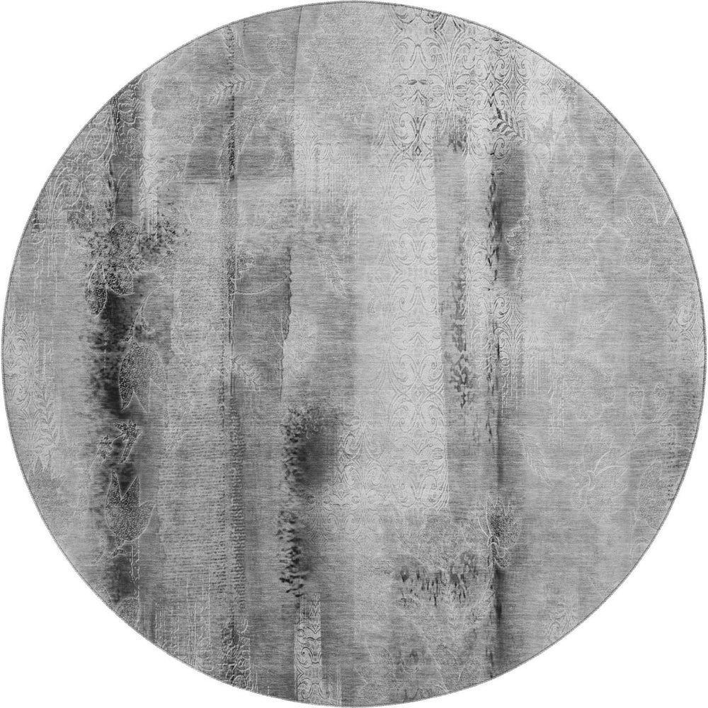HomeRoots 8' Gray and Ivory Abstract Washable Round Rug – Durable, UV Protected, Stain Resistant for Modern Homes 648121