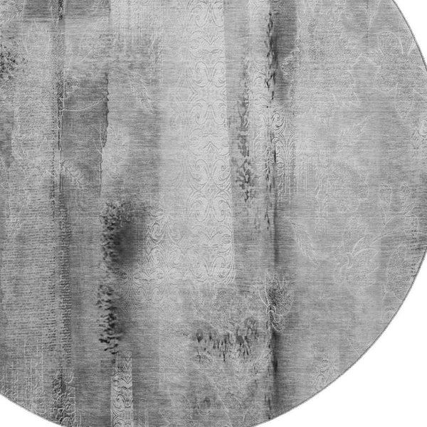 HomeRoots 8' Gray and Ivory Abstract Washable Round Rug – Durable, UV Protected, Stain Resistant for Modern Homes 648121