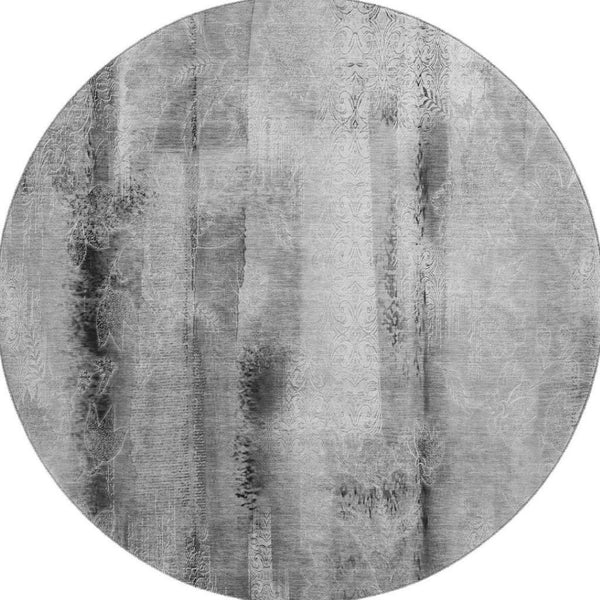 HomeRoots 8' Gray and Ivory Abstract Washable Round Rug – Durable, UV Protected, Stain Resistant for Modern Homes 648121