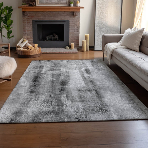 HomeRoots 9' X 12' Gray And Ivory Abstract Washable Area Rug – Stylish, Durable, Stain-Resistant & UV-Protected! 648123