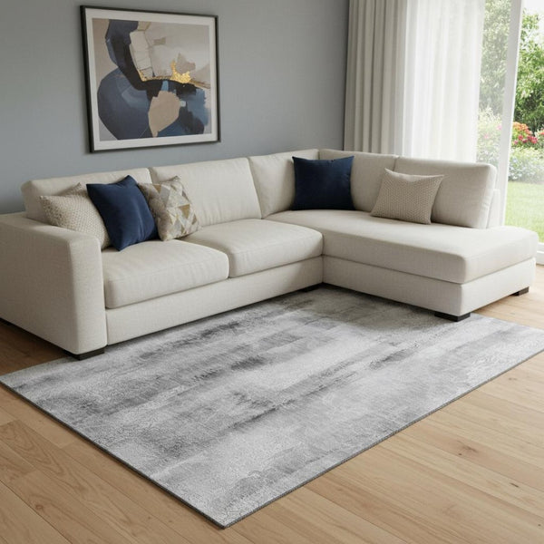 HomeRoots 9' X 12' Gray And Ivory Abstract Washable Area Rug – Stylish, Durable, Stain-Resistant & UV-Protected! 648123