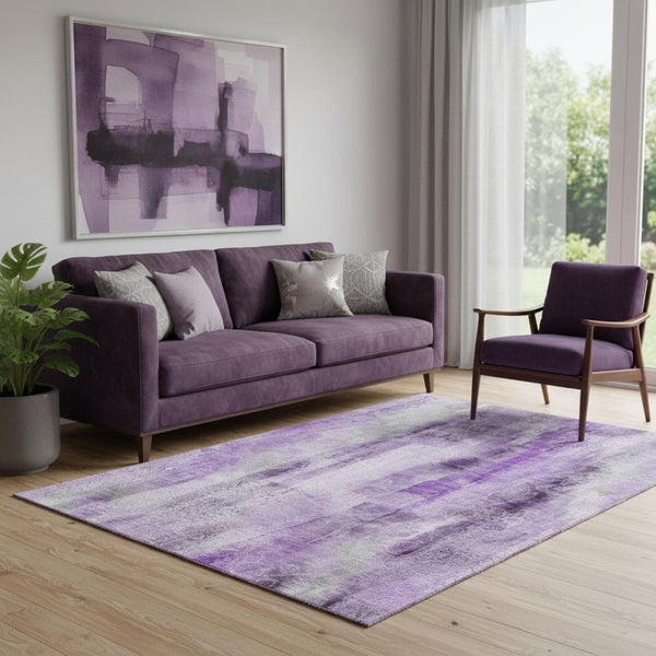 HomeRoots 5' x 8' Stylish Purple & Ivory Abstract Washable Area Rug with UV Protection for Modern Spaces 648126