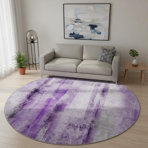HomeRoots 8' Purple And Ivory Abstract Washable Round Rug - Durable, UV-Protected, Easy-Care for High-Traffic Areas 648127