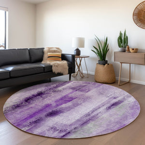 HomeRoots 8' Purple And Ivory Abstract Washable Round Rug - Durable, UV-Protected, Easy-Care for High-Traffic Areas 648127