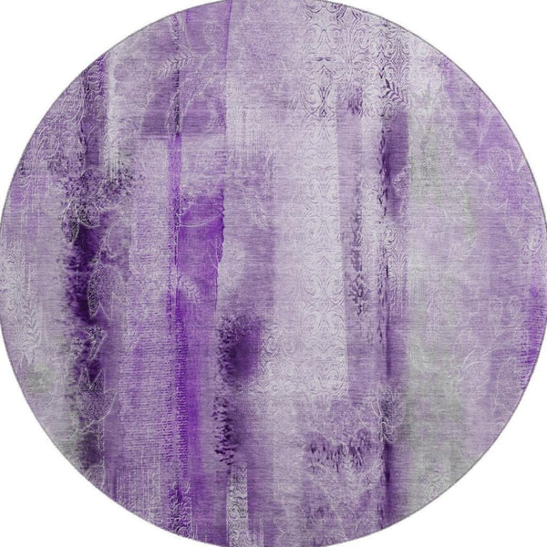 HomeRoots 8' Purple And Ivory Abstract Washable Round Rug - Durable, UV-Protected, Easy-Care for High-Traffic Areas 648127