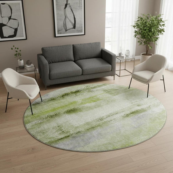 HomeRoots 8' Sage and Ivory Abstract Round Rug - Washable, UV-Protected, Stain-Resistant, Ideal for Busy Homes! 648133