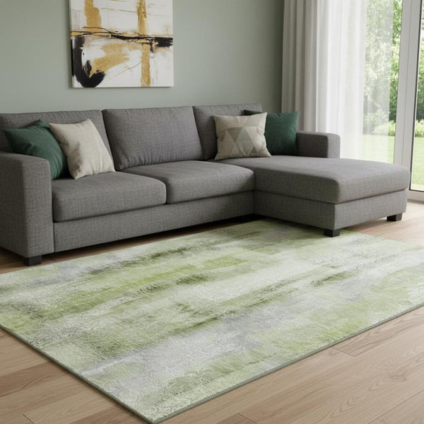 HomeRoots 10' X 14' Sage and Ivory Abstract Area Rug - Washable, UV-Protected, Stain-Resistant for Active Homes 648136