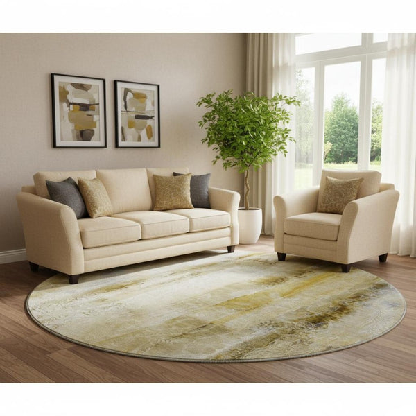 HomeRoots 8' Taupe and Ivory Abstract Washable Round Rug - Stylish, Durable, UV-Protected for Any Space 648139