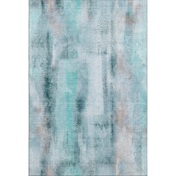 Abstract Teal Ivory Washable Polyester Area Rug Uv Protected Stain Resistant for Living Rooms