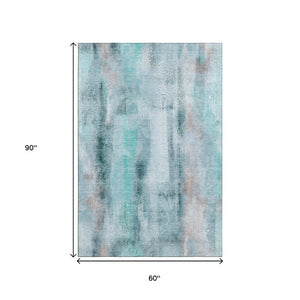 Abstract Teal Ivory Washable Polyester Area Rug Uv Protected Stain Resistant for Living Rooms