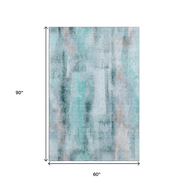 Abstract Teal Ivory Washable Polyester Area Rug Uv Protected Stain Resistant for Living Rooms
