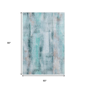 HomeRoots 5' X 8' Teal And Ivory Abstract Area Rug - Washable, UV-Protected, Durable Design for Modern Homes 648144