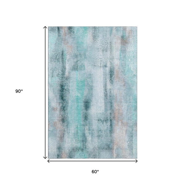 HomeRoots 5' X 8' Teal And Ivory Abstract Area Rug - Washable, UV-Protected, Durable Design for Modern Homes 648144