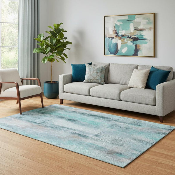 HomeRoots 5' X 8' Teal And Ivory Abstract Area Rug - Washable, UV-Protected, Durable Design for Modern Homes 648144