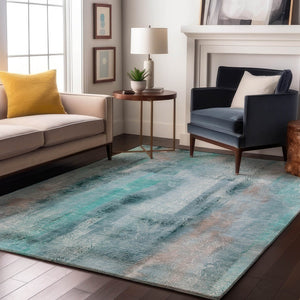 HomeRoots 5' X 8' Teal And Ivory Abstract Area Rug - Washable, UV-Protected, Durable Design for Modern Homes 648144