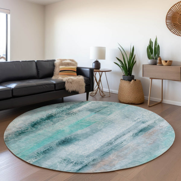 HomeRoots 8' Teal and Ivory Abstract Round Rug - Washable, UV Protected, Durable Design for Modern Homes 648145