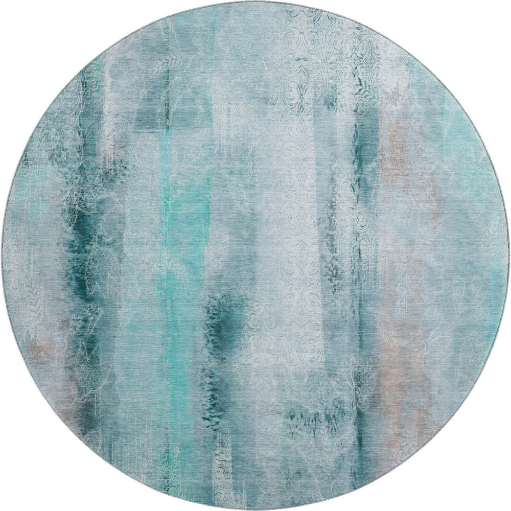 HomeRoots 8' Teal and Ivory Abstract Round Rug - Washable, UV Protected, Durable Design for Modern Homes 648145
