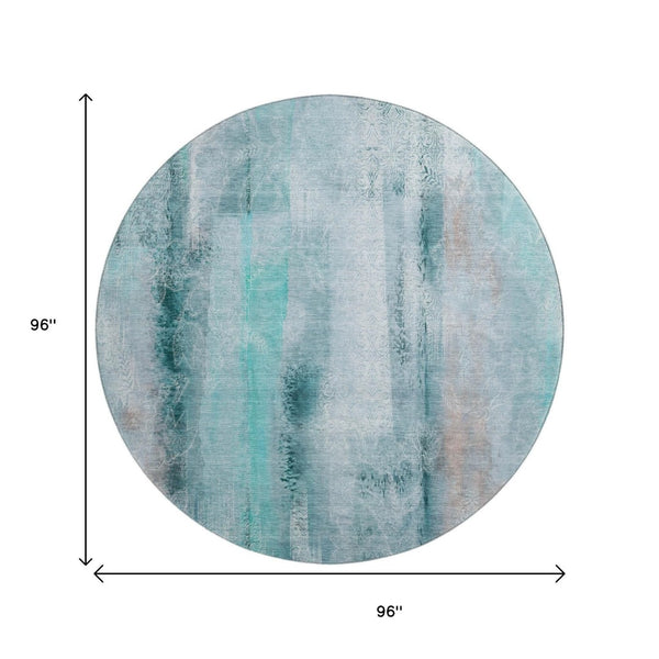 HomeRoots 8' Teal and Ivory Abstract Round Rug - Washable, UV Protected, Durable Design for Modern Homes 648145