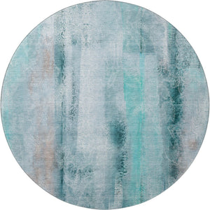 HomeRoots 8' Teal and Ivory Abstract Round Rug - Washable, UV Protected, Durable Design for Modern Homes 648145