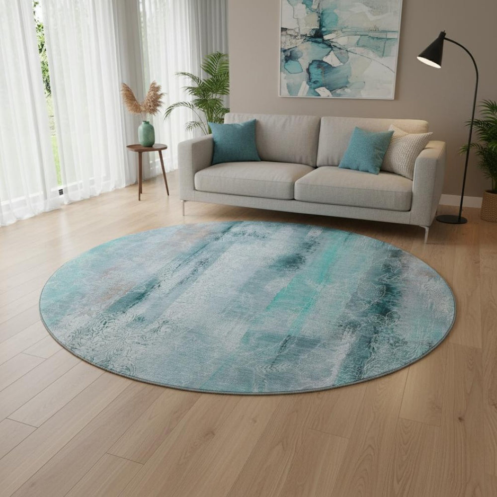 HomeRoots 8' Teal and Ivory Abstract Round Rug - Washable, UV Protected, Durable Design for Modern Homes 648145