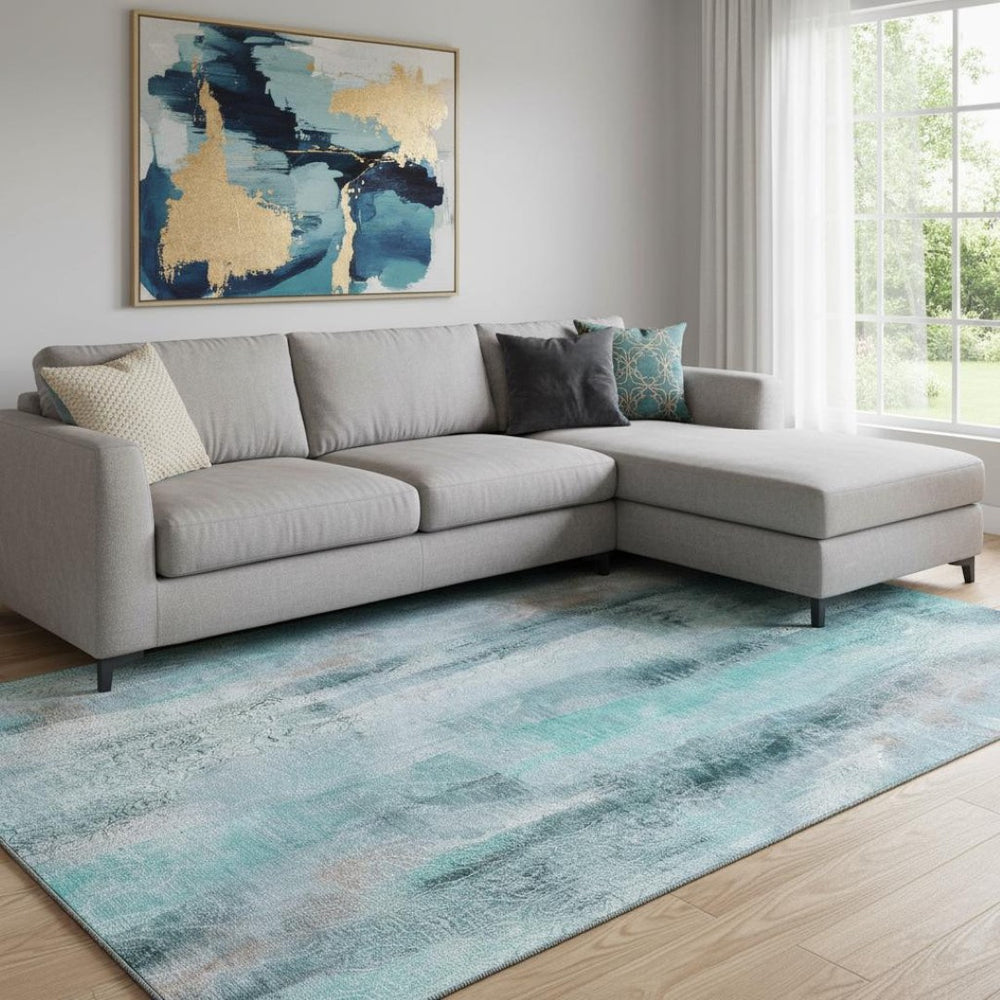 HomeRoots 8' X 10' Teal & Ivory Abstract Washable Area Rug with UV Protection - Durable & Stylish Home Decor 648146