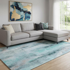 HomeRoots 8' X 10' Teal & Ivory Abstract Washable Area Rug with UV Protection - Durable & Stylish Home Decor 648146